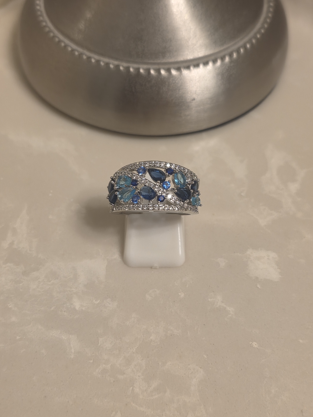 Silver CZ Sapphire and Aquamarine Ring Size 8